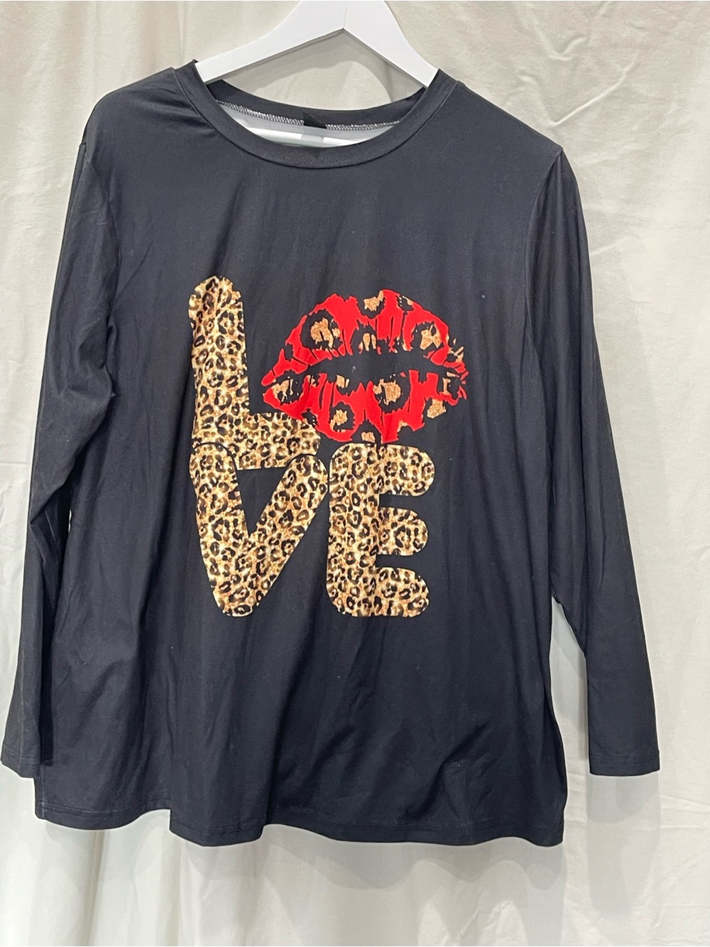 Women’s Black Long-Sleeve Tee with Leopard 'LOVE' and Red Lip Graphic